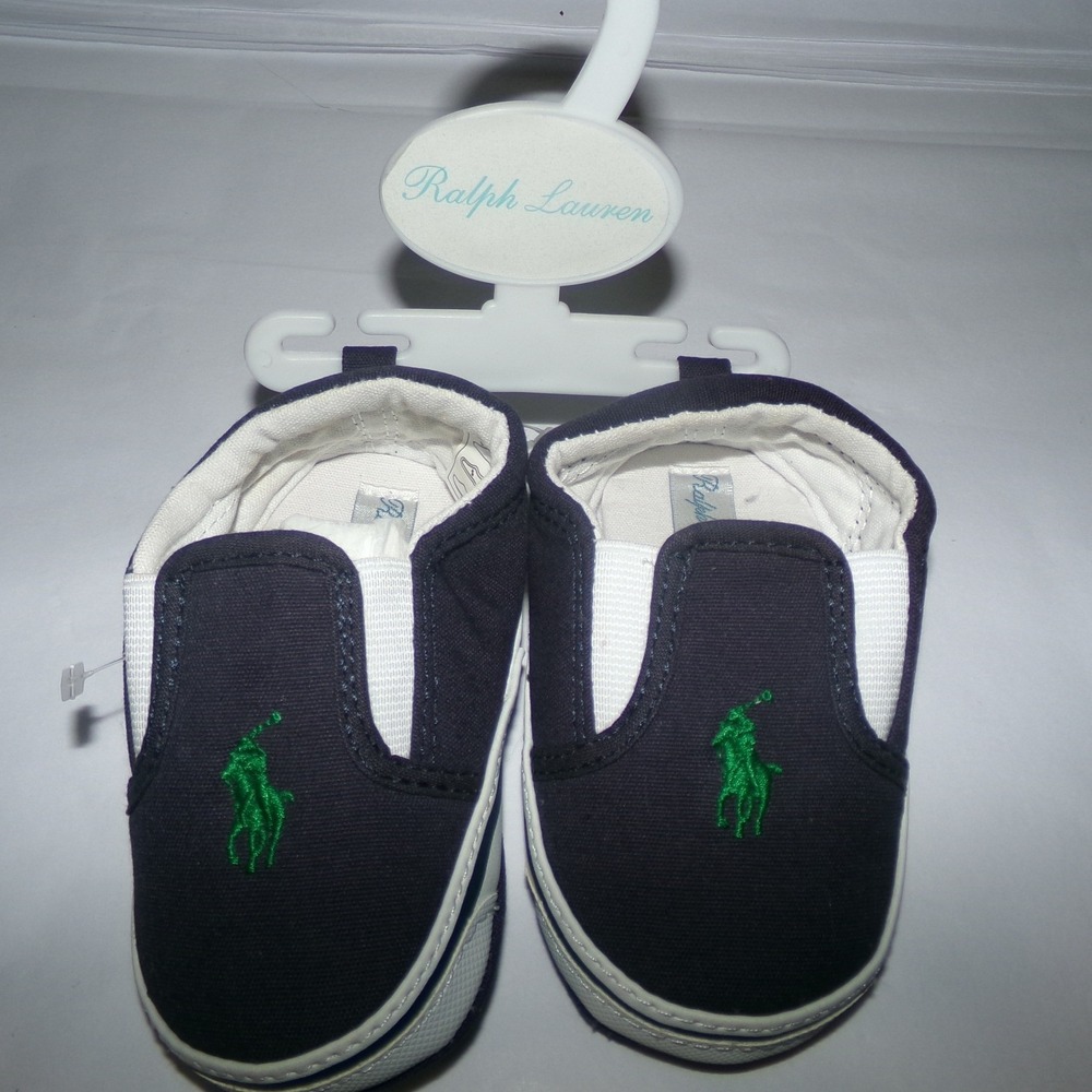 Ralph Lauren Navy Blue Canvas Crib Shoes Baby 4 Green Pony Logo Pre-Walkers